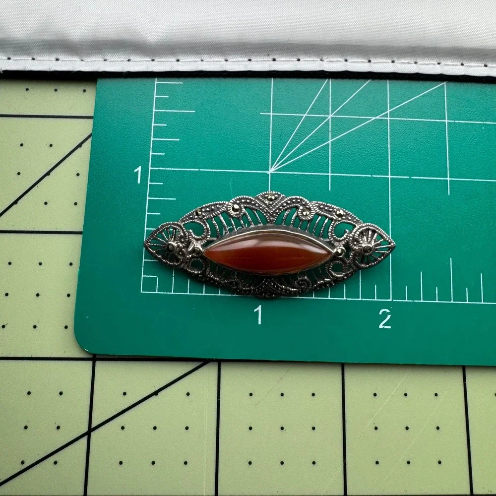 Vintage Sterling Silver Brooch Art Deco Pin 925 Carnelian Filigree